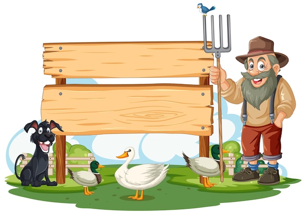 Free vector happy farmer with animals and blank sign