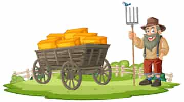 Free vector happy farmer with hay cart illustration