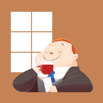 A happy fat business man in black suit is drinking hot coffee and surfing internet on his mobile. concept with cartoon and vector.