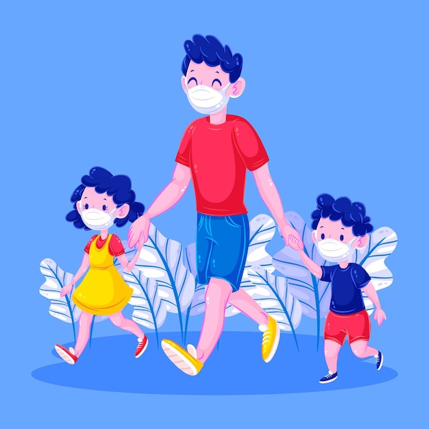 Vettore gratuito felice padre e figli a piedi