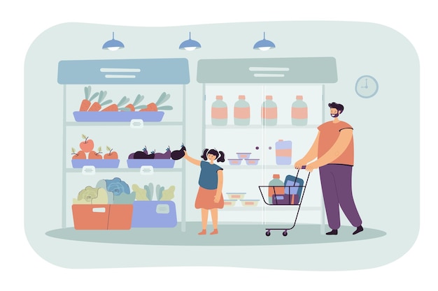 Happy father and daughter buying food in supermarket flat  illustration. cartoon illustration