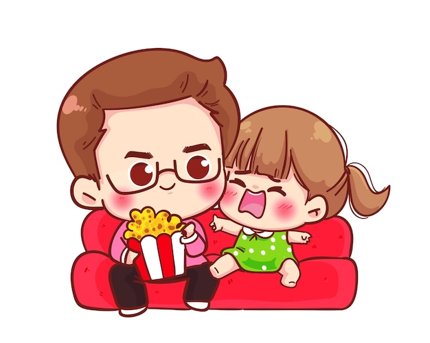 Happy father and daughter with popcorn watching tv at home cartoon illustration