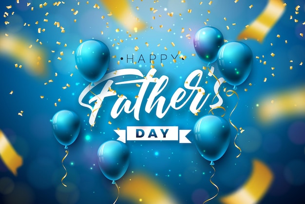 Free vector happy father's day greeting card design with blue balloon and falling confetti on shiny background