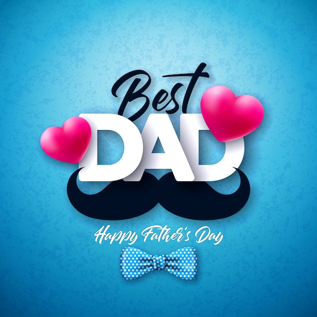 파란색 배경에 점선 된 나비 넥타이, 콧수염 및 붉은 마음으로 해피 아버지의 날 인사말 카드 디자인. 아빠를위한 축하 그림.