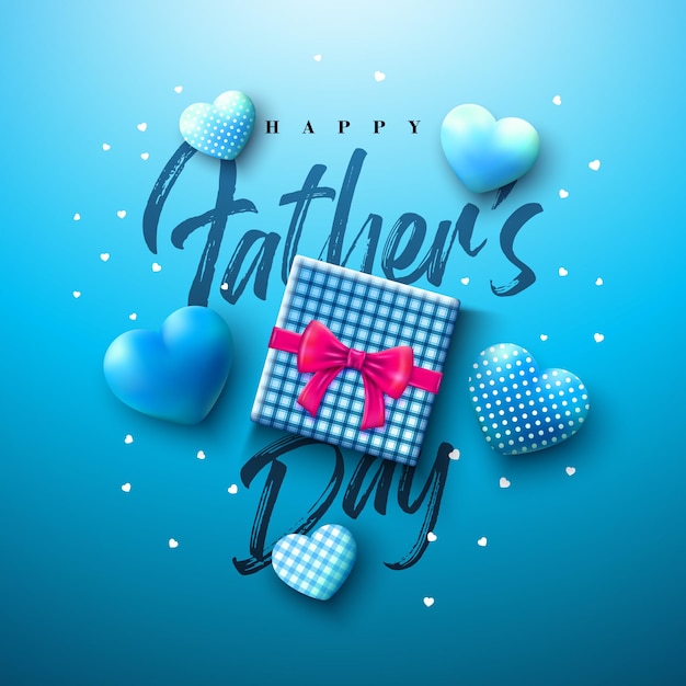Free vector happy father's day greeting card design with heart and gift box and lettering on blue background