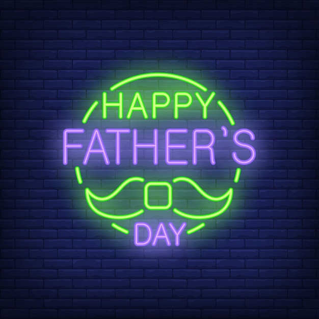 Happy fathers day lettering with moustache. icon in neon style on brick background.