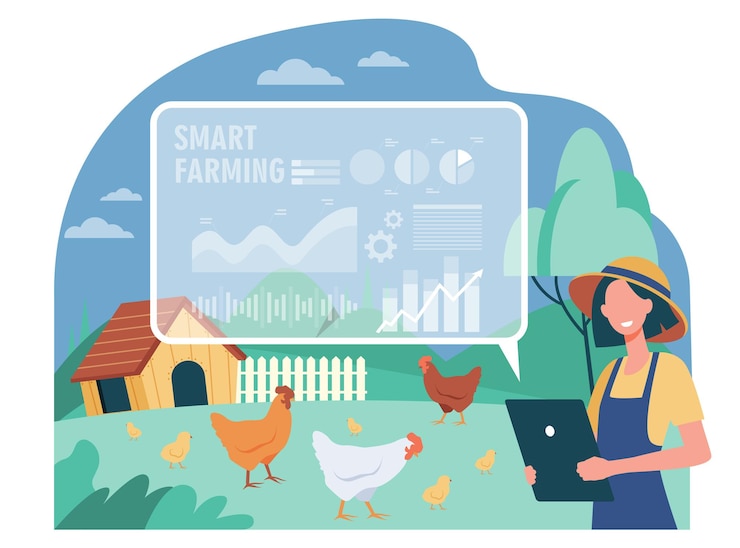 Free Vector happy female farmer working with smart farm flat illustration