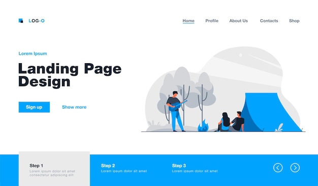 一緒に自然にキャンプする幸せな友達フラットスタイルのランディングページ