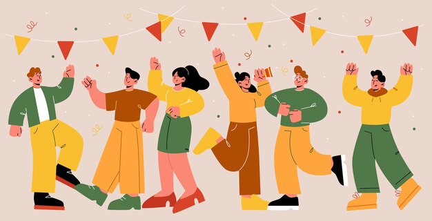 행복한 친구들은 파티에서 재미있고 춤을 추며 생일이나 휴일을 함께 축하하는 사람들의 벡터 평면 그림 색종이 화환과 확성기로 남성과 여성의 기쁨