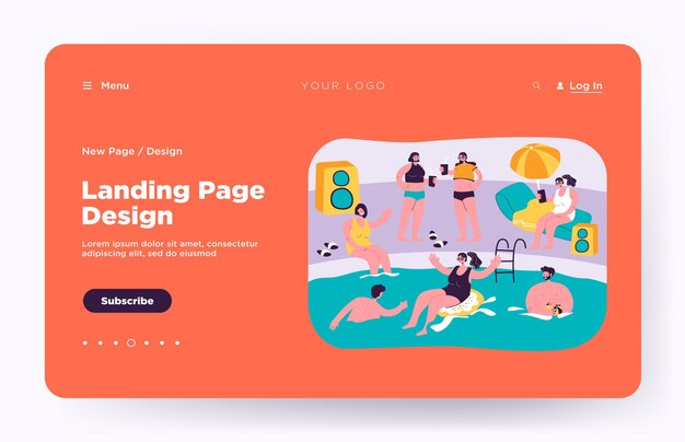 happy friends spending leisure time at swimming pool on vacation landing page