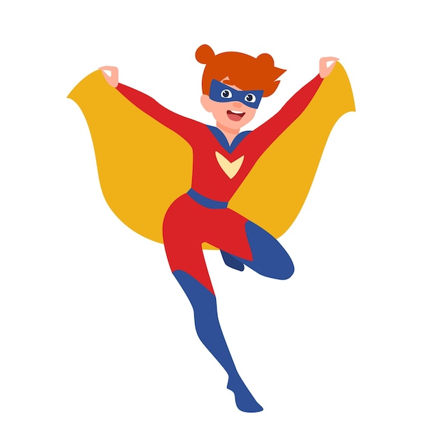 Happy funny supergirl or girl with super powers. smiling redhead kid wearing tight-fitting costume, cape and mask. comic or fantastic character. colorful vector illustration in flat cartoon style.