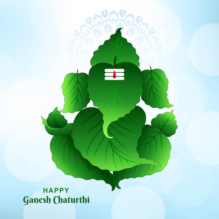 मुफ़्त वेक्टर happy ganesh chaturthi beautiful green leaf festival card background