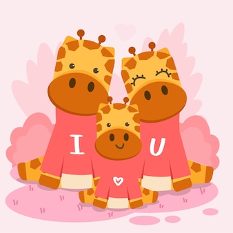 Счастливая семья жирафов, позирующая вместе с текстом, я тебя люблю
