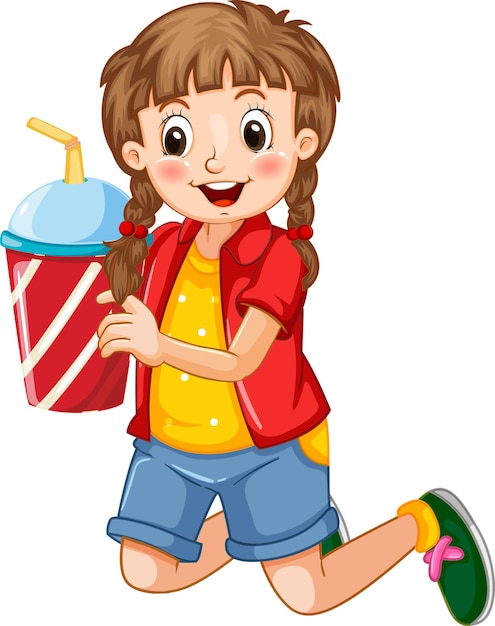 飲み物のプラスチックカップを保持している幸せな女の子の漫画のキャラクター