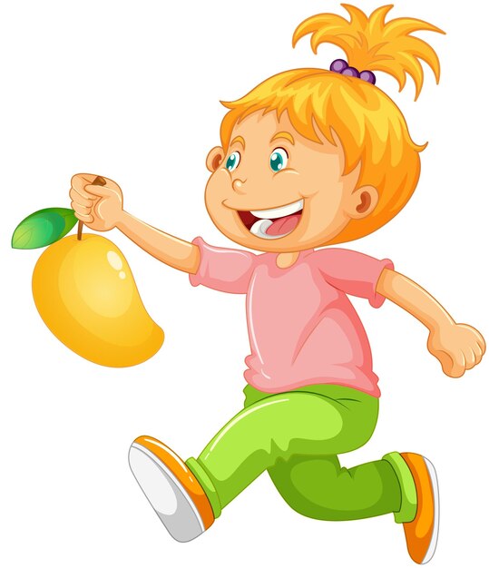 マンゴーを保持している幸せな女の子の漫画のキャラクター