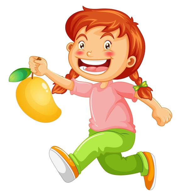 Happy girl cartoon character holding a mango