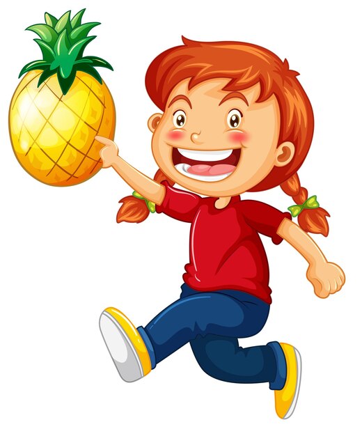 Happy girl cartoon character holding a pineapple