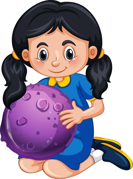 Happy girl cartoon character holding a planet model