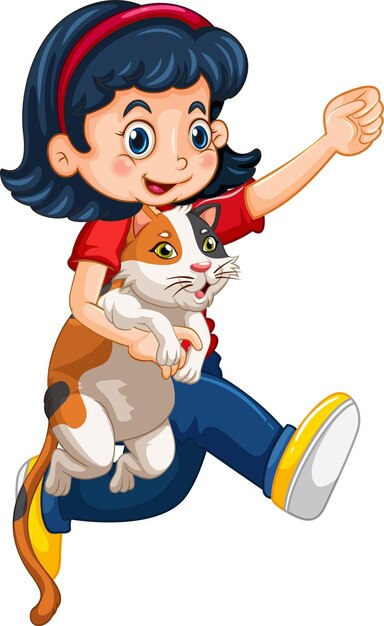 Счастливая девушка мультипликационный персонаж обнимает милого кота