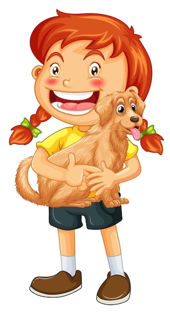 Free vector happy girl cartoon character hugging a cute dog