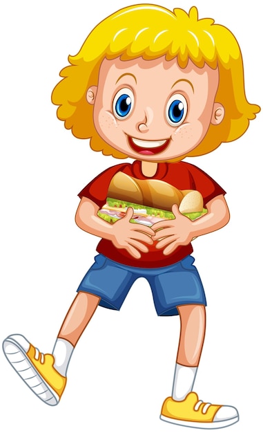 フードサンドイッチを抱き締める幸せな女の子の漫画のキャラクター