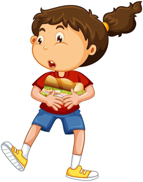 Happy girl cartoon character hugging food sandwich