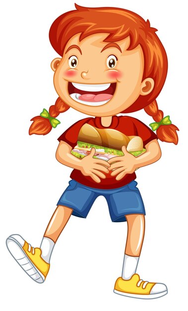 Happy girl cartoon character hugging food sandwich