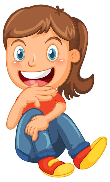 Happy girl cartoon character sitting on white background