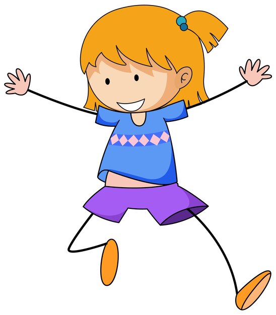 Happy girl doodle cartoon character isolated