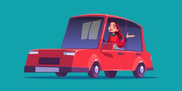 Free vector happy girl driver sitting in red car