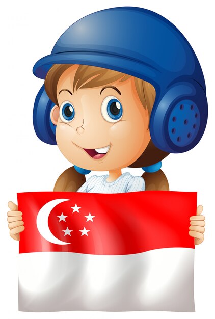 Счастливая девушка и флаг Сингапура