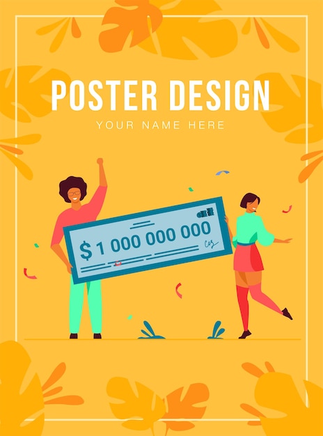 Free vector happy girl and guy winning billion of cash, getting money prize, holding bank check poster template