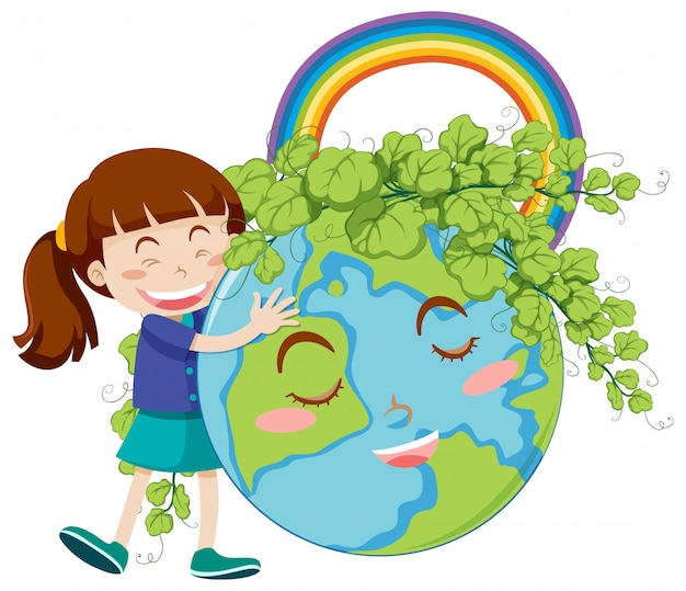 Free vector happy girl hugging big earth on white