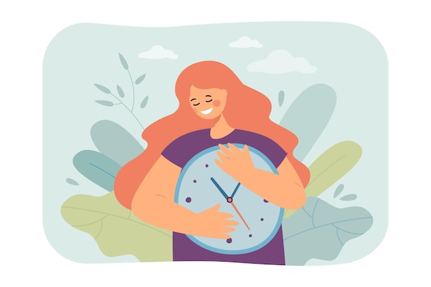 Free vector happy girl hugging clock flat vector illustration. woman taking care of schedule, planning activities. time management concept for banner, website design or landing web page