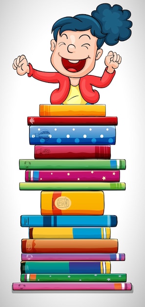 Free vector happy girl jumping over stack of books