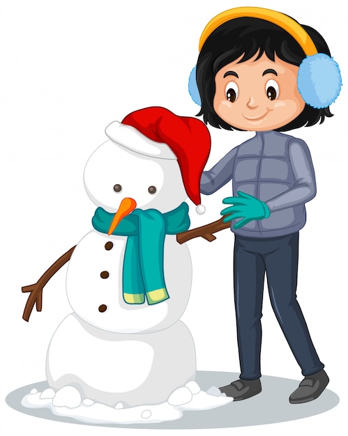 Free vector happy girl making snowman on white