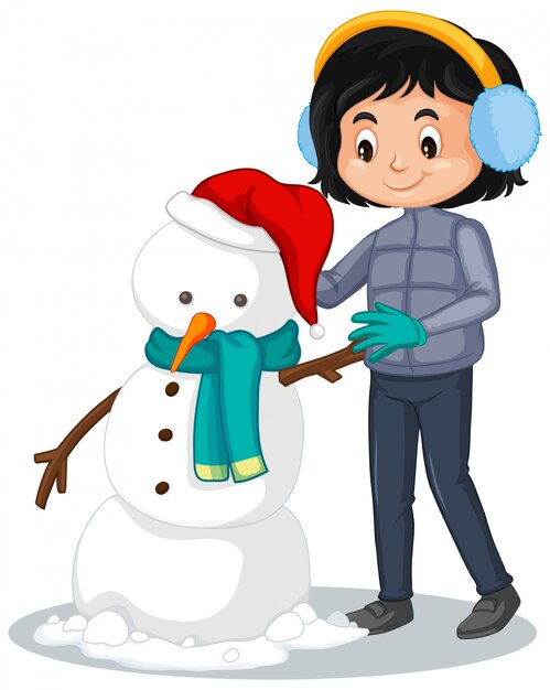 Счастливая девушка делает снеговика на белом