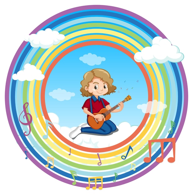 Happy girl playing guitar in rainbow round frame with melody symbol