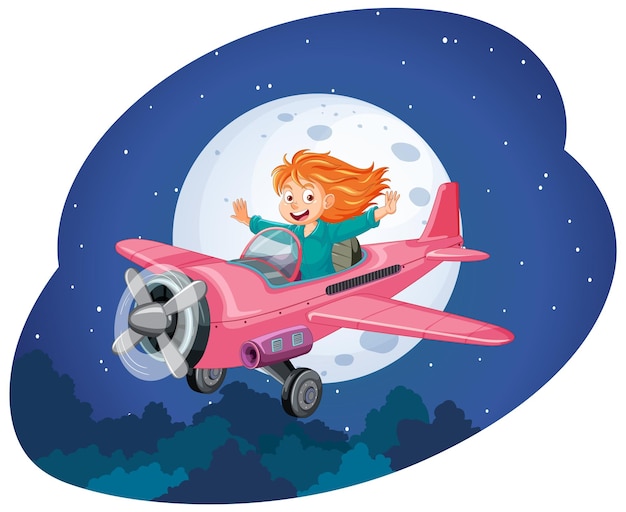 Free vector happy girl riding a plane at night