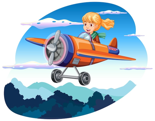 Free vector happy girl riding plane in the sky