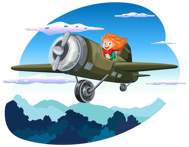 Free vector happy girl riding plane in the sky