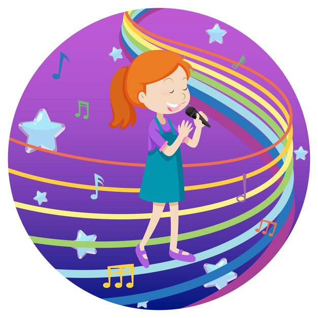 Happy girl singing with rainbow melody on blue and purple gradient background