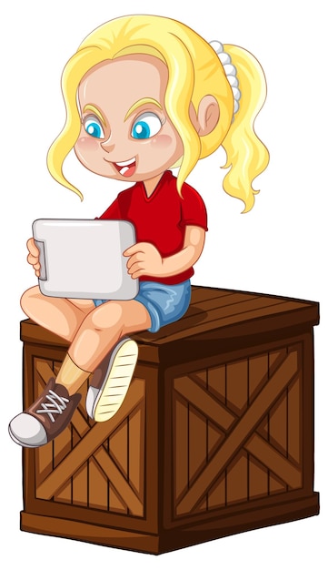 Free vector a happy girl sitting on crate and play tablet