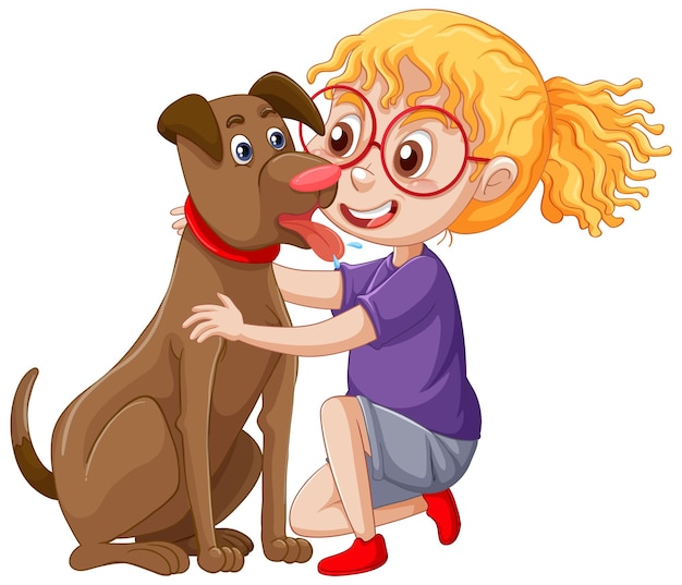 Free vector a happy girl sitting on the floor and pets dog