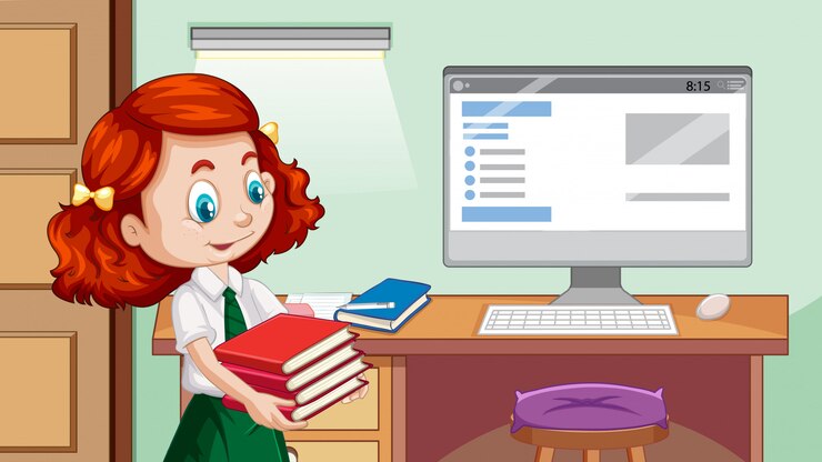 Free Vector happy girl next to study table