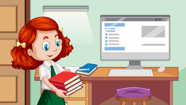 pictures of the word homework Free vector happy girl next to study table