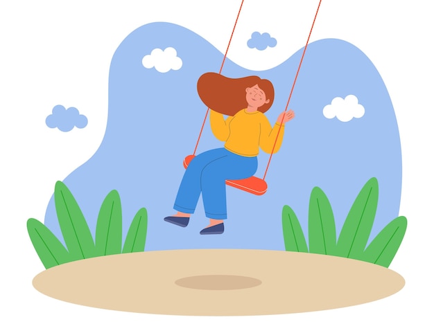 Free vector happy girl swinging on swing in park flat vector illustration. cheerful female character with closed eyes in good mood enjoying adult life, having fun and relaxing. leisure, lifestyle concept