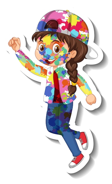 Happy girl with colour on her body sticker on white background