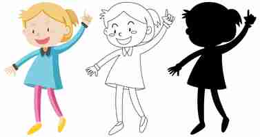 Free vector happy girl with its outline and silhouette