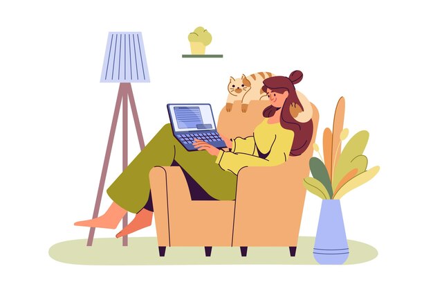 안락의 자에 앉아 노트북으로 행복 한 소녀입니다. 컴퓨터에서 일하거나 공부하는 젊은 여성. 아늑한 홈 오피스, 집에서 일, 온라인 교육 또는 소셜 미디어 개념. 플랫 자영업자 또는 프리랜서.